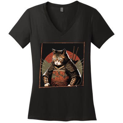 Japanese Art Cat Ninja Ukiyo-e Anime Style Samurai Cat Women's V-Neck T-Shirt