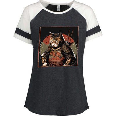 Japanese Art Cat Ninja Ukiyo-e Anime Style Samurai Cat Enza Ladies Jersey Colorblock Tee