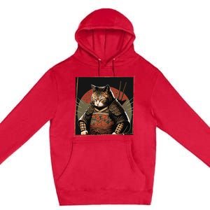 Japanese Art Cat Ninja Ukiyo-e Anime Style Samurai Cat Premium Pullover Hoodie