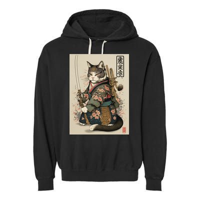 Japanese Art Cat Ninja Ukiyo-e Anime Style Samurai Cat Garment-Dyed Fleece Hoodie