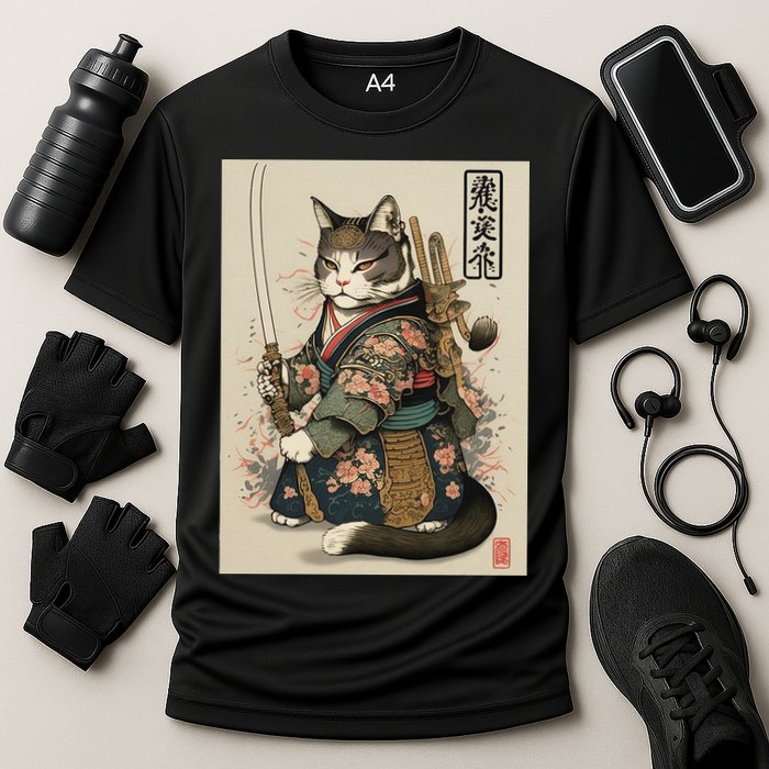 Japanese Art Cat Ninja Ukiyo-e Anime Style Samurai Cat Cooling Performance Crew T-Shirt
