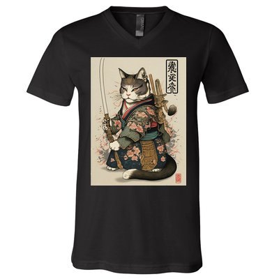 Japanese Art Cat Ninja Ukiyo-e Anime Style Samurai Cat V-Neck T-Shirt