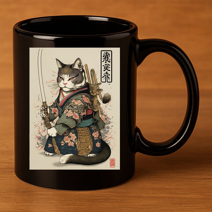 Japanese Art Cat Ninja Ukiyo-e Anime Style Samurai Cat 11oz C Handle Ceramic Mug