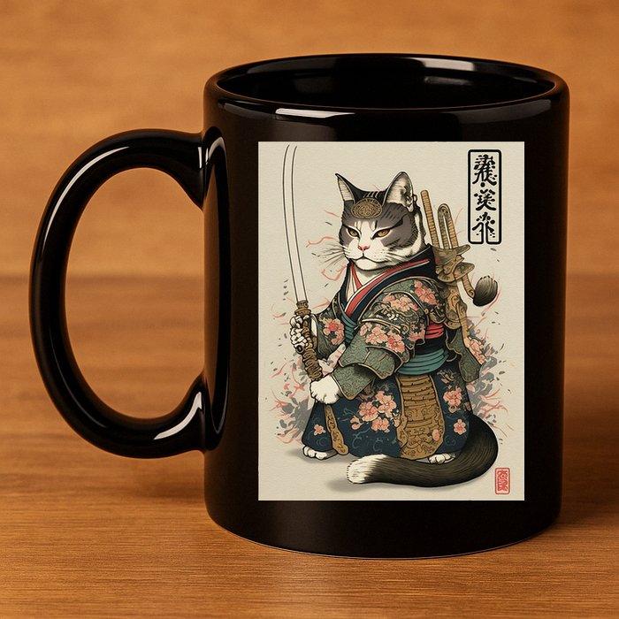 Japanese Art Cat Ninja Ukiyo-e Anime Style Samurai Cat 11oz C Handle Ceramic Mug