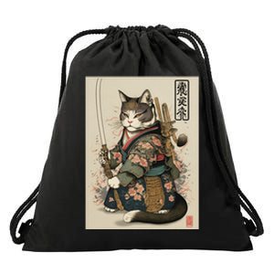 Japanese Art Cat Ninja Ukiyo-e Anime Style Samurai Cat Drawstring Bag