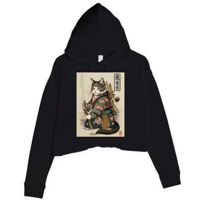 Japanese Art Cat Ninja Ukiyo-e Anime Style Samurai Cat Crop Fleece Hoodie