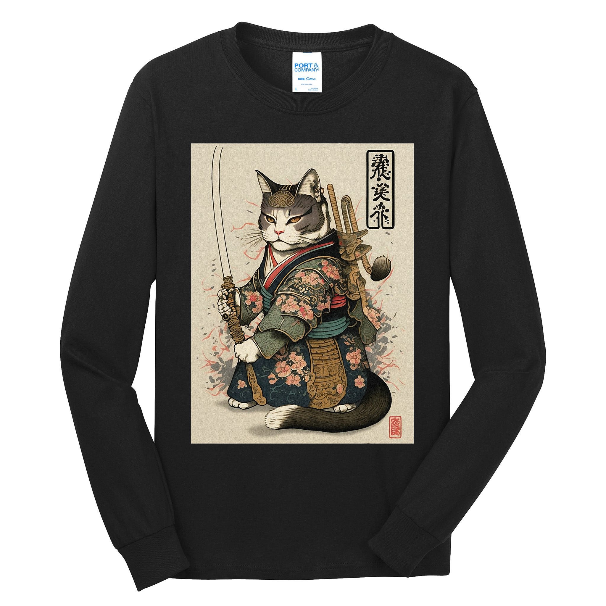 Japanese Art Cat Ninja Ukiyo-e Anime Style Samurai Cat Tall Long Sleeve T-Shirt