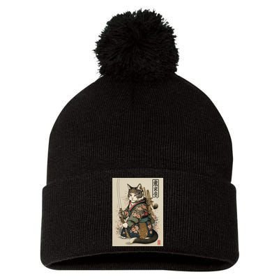 Japanese Art Cat Ninja Ukiyo-e Anime Style Samurai Cat Pom Pom 12in Knit Beanie