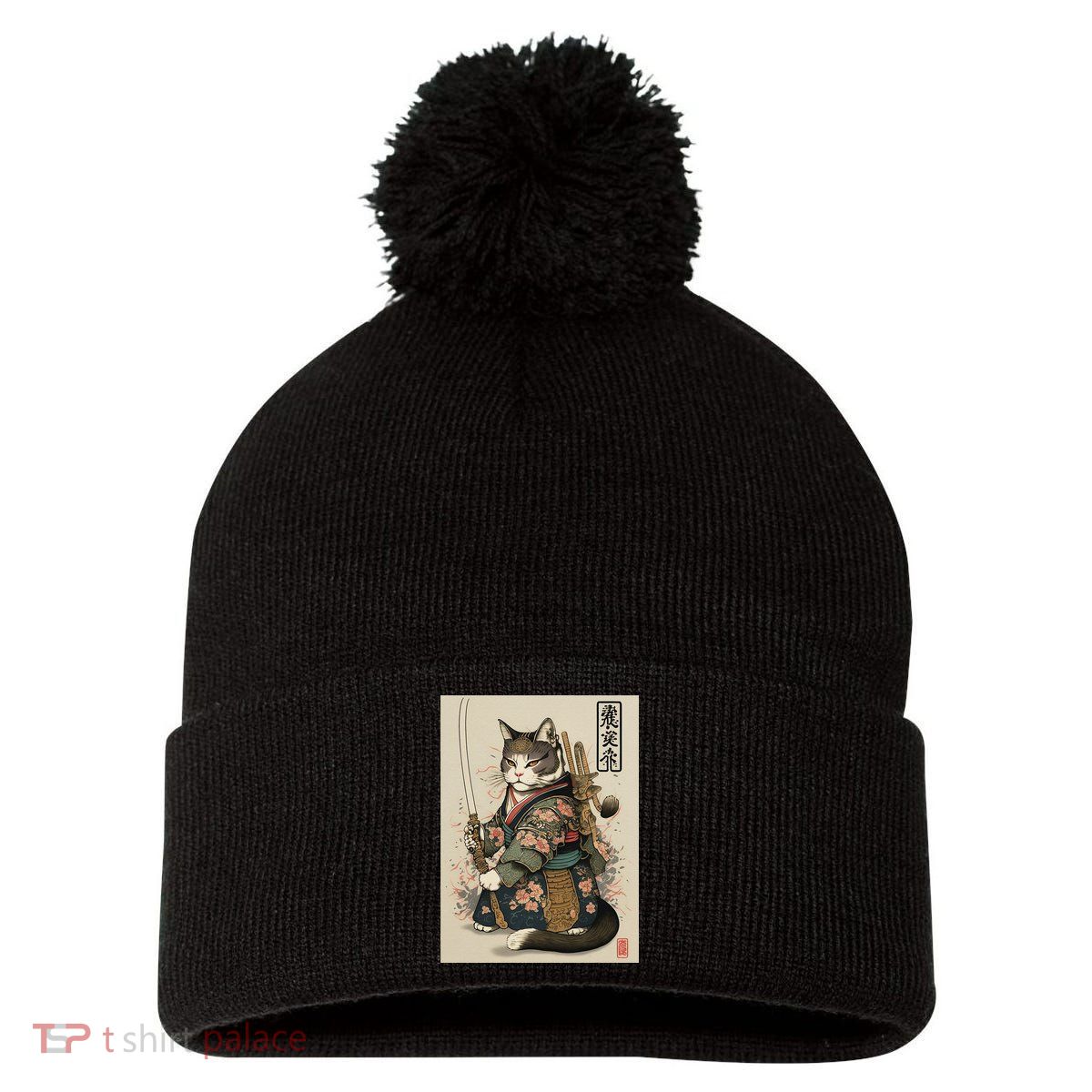 Japanese Art Cat Ninja Ukiyo-e Anime Style Samurai Cat Pom Pom 12in Knit Beanie