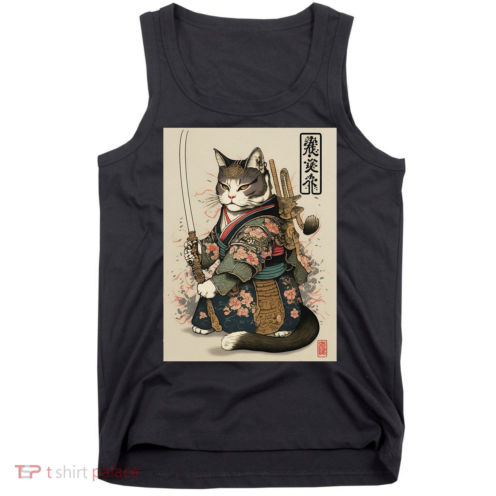 Japanese Art Cat Ninja Ukiyo-e Anime Style Samurai Cat Tank Top