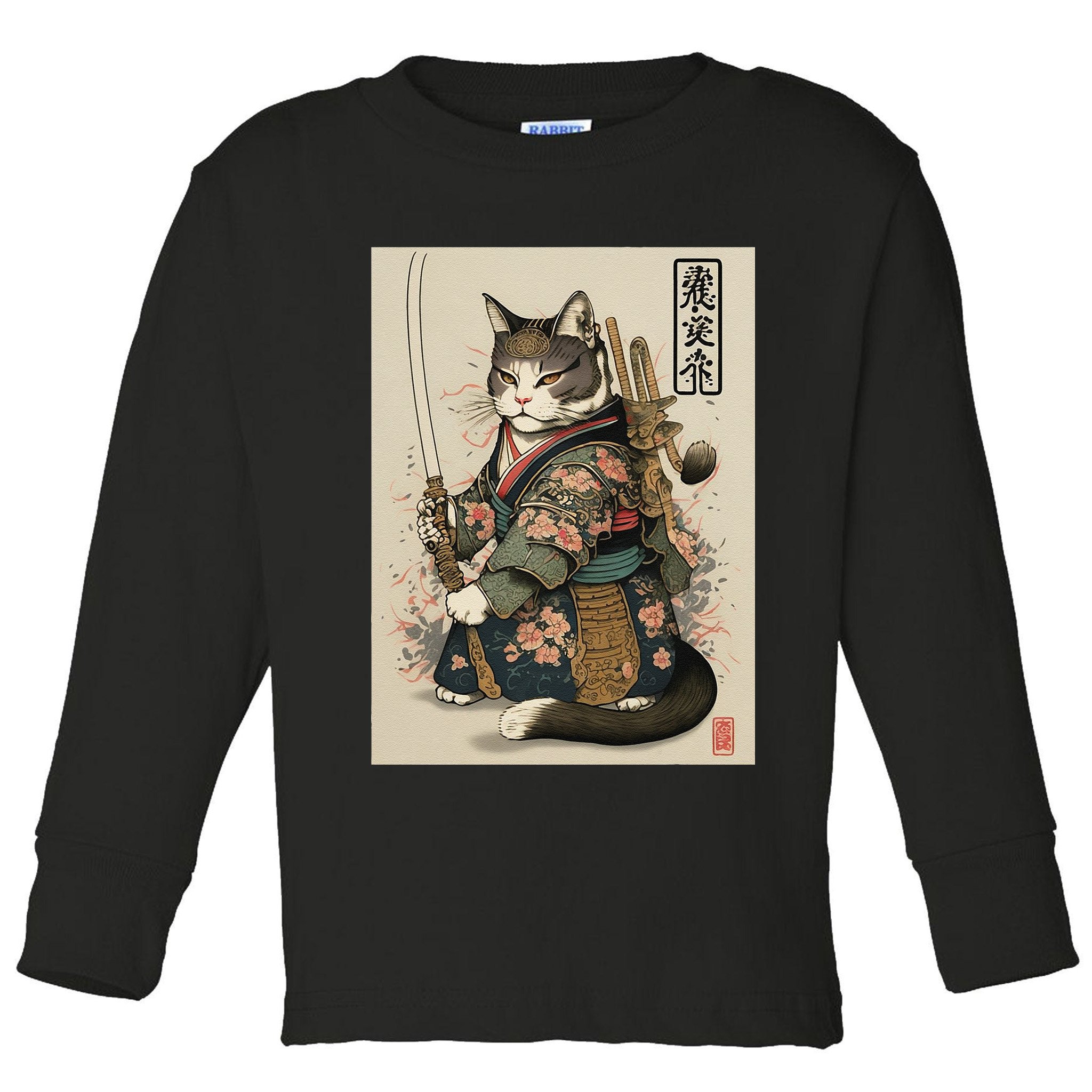 Japanese Art Cat Ninja Ukiyo-e Anime Style Samurai Cat Toddler Long Sleeve Shirt