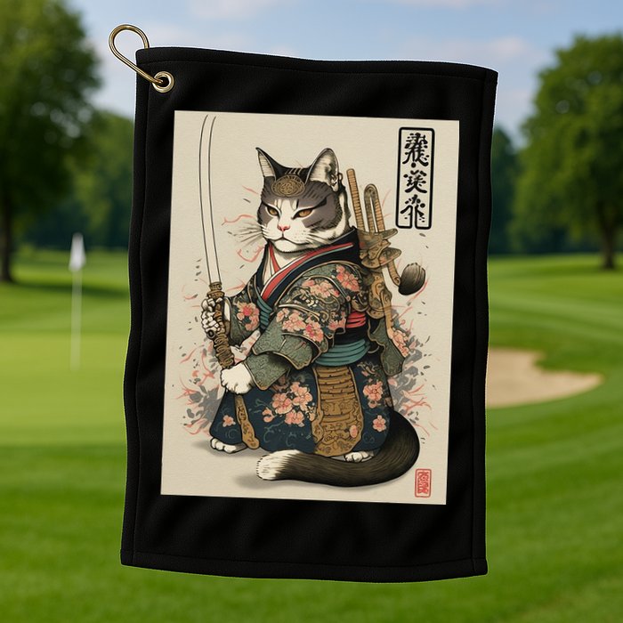Japanese Art Cat Ninja Ukiyo-e Anime Style Samurai Cat Golf Towel