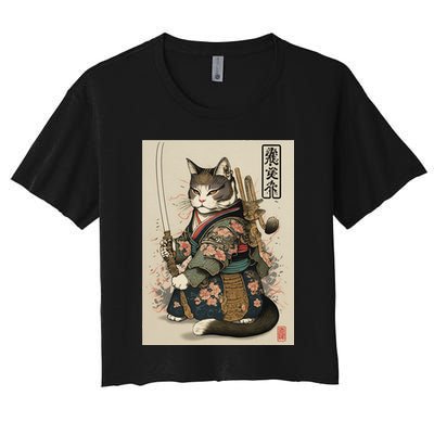 Japanese Art Cat Ninja Ukiyo-e Anime Style Samurai Cat Crop Top