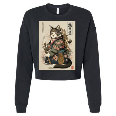 Japanese Art Cat Ninja Ukiyo-e Anime Style Samurai Cat Cropped Pullover Crew