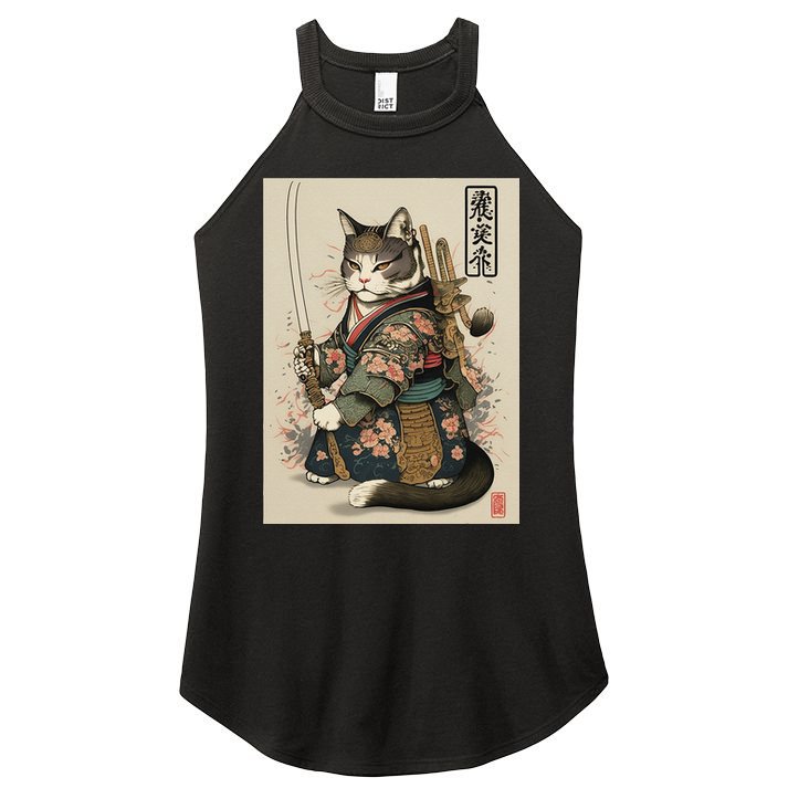 Japanese Art Cat Ninja Ukiyo-e Anime Style Samurai Cat Women's Perfect Tri Rocker Tank