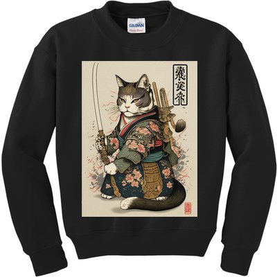 Japanese Art Cat Ninja Ukiyo-e Anime Style Samurai Cat Kids Sweatshirt