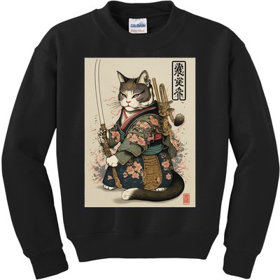 Japanese Art Cat Ninja Ukiyo-e Anime Style Samurai Cat Kids Sweatshirt