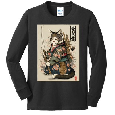 Japanese Art Cat Ninja Ukiyo-e Anime Style Samurai Cat Kids Long Sleeve Shirt