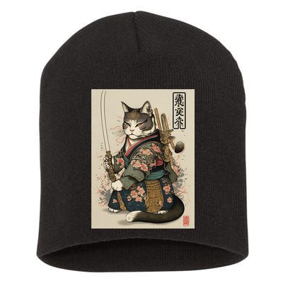 Japanese Art Cat Ninja Ukiyo-e Anime Style Samurai Cat Short Acrylic Beanie