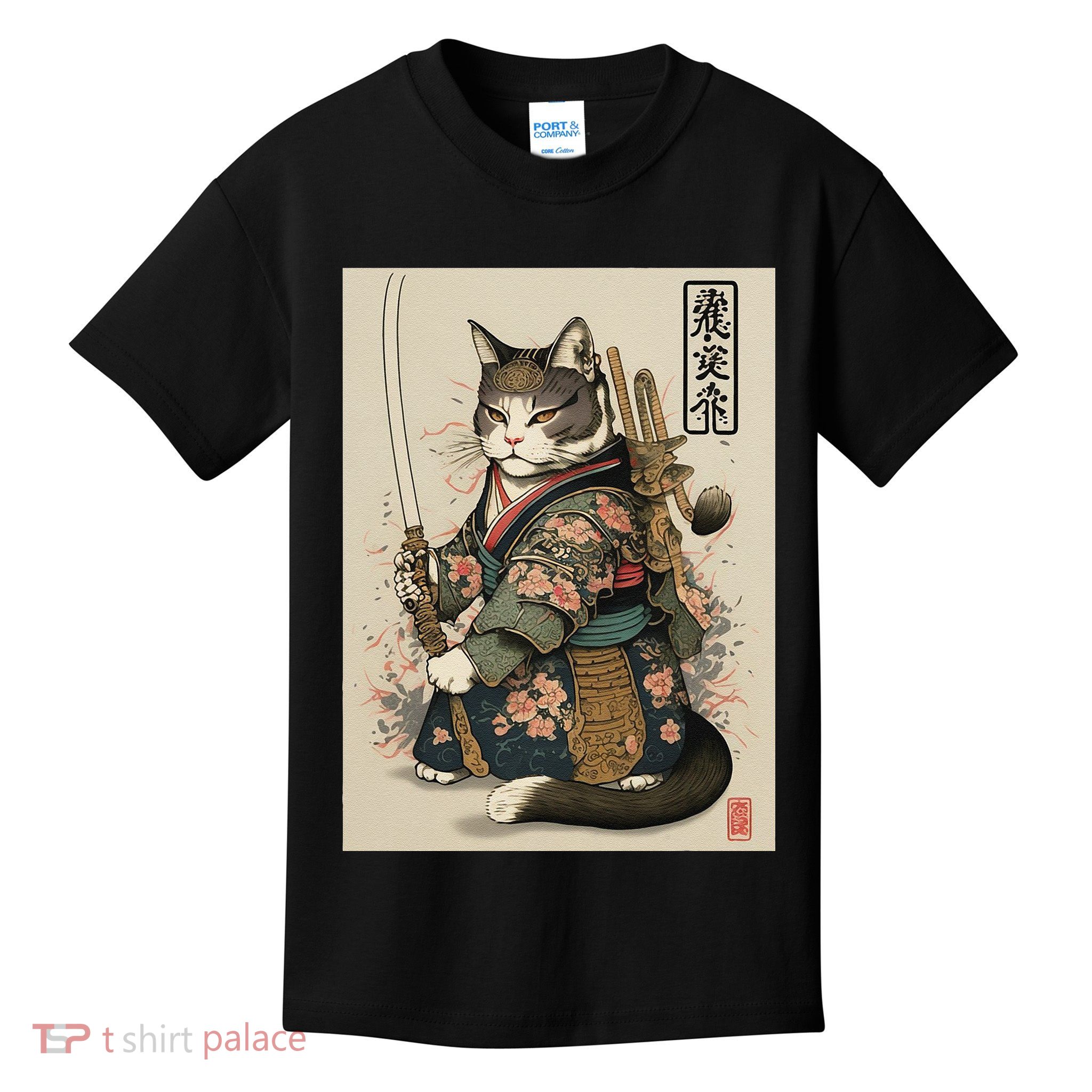 Japanese Art Cat Ninja Ukiyo-e Anime Style Samurai Cat Kids T-Shirt