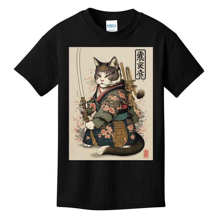 Japanese Art Cat Ninja Ukiyo-e Anime Style Samurai Cat Kids T-Shirt