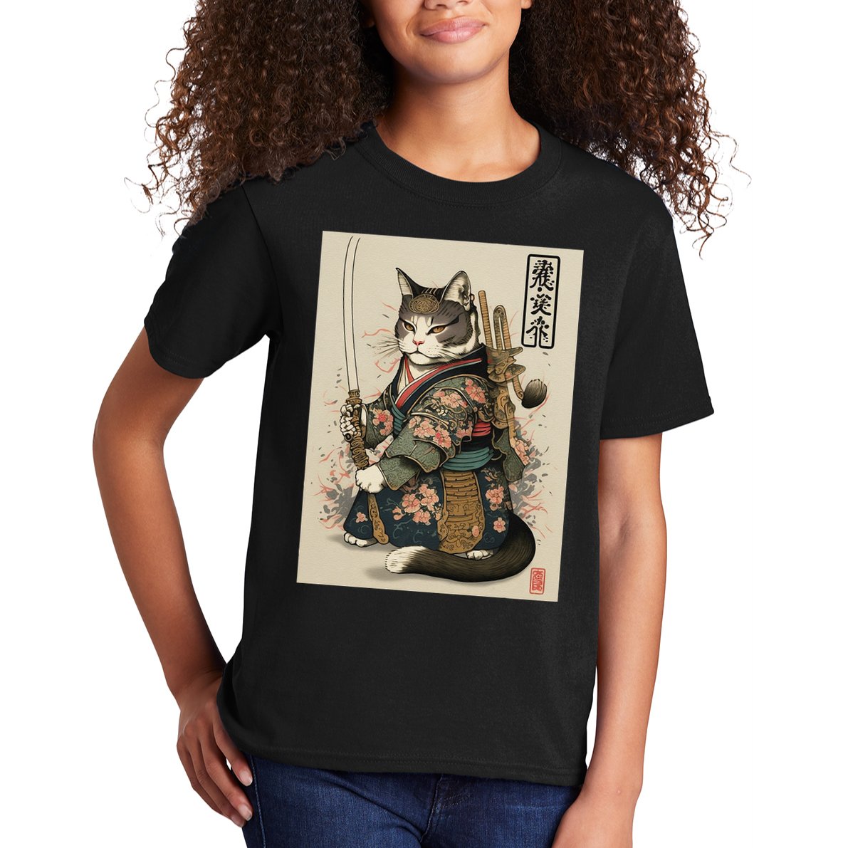 Japanese Art Cat Ninja Ukiyo-e Anime Style Samurai Cat Kids T-Shirt