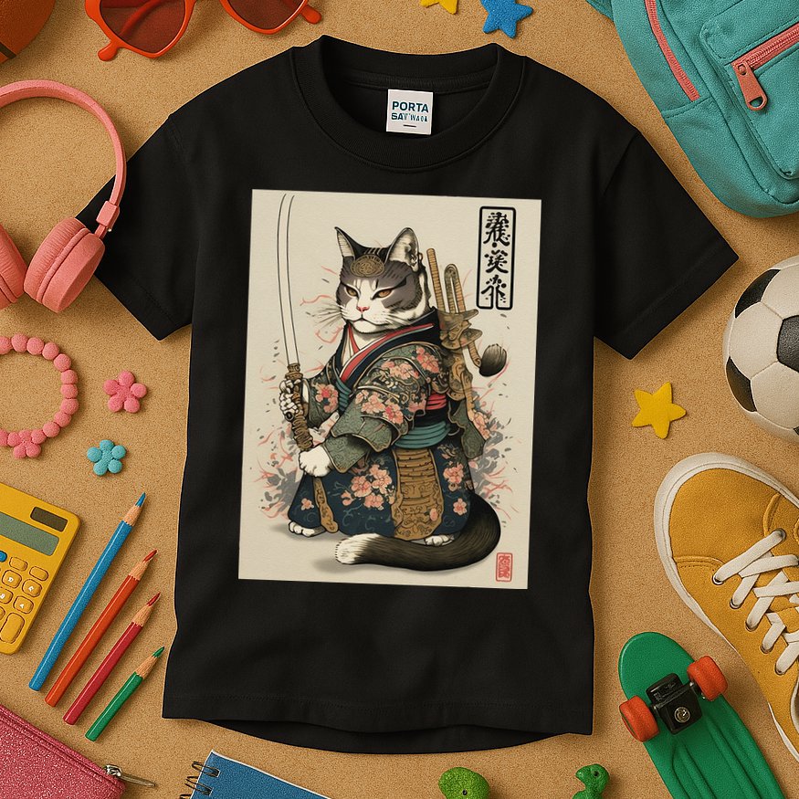 Japanese Art Cat Ninja Ukiyo-e Anime Style Samurai Cat Kids T-Shirt