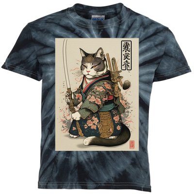 Japanese Art Cat Ninja Ukiyo-e Anime Style Samurai Cat Kids Tie-Dye T-Shirt