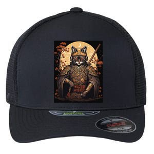 Japanese Art Cat Ninja Ukiyo-e Anime Style Samurai Cat Flexfit Unipanel Trucker Cap