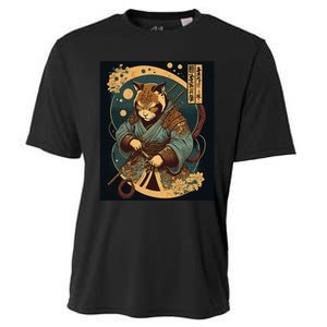 Japanese Art Cat Ninja Ukiyo-e Anime Style Samurai Cat Cooling Performance Crew T-Shirt