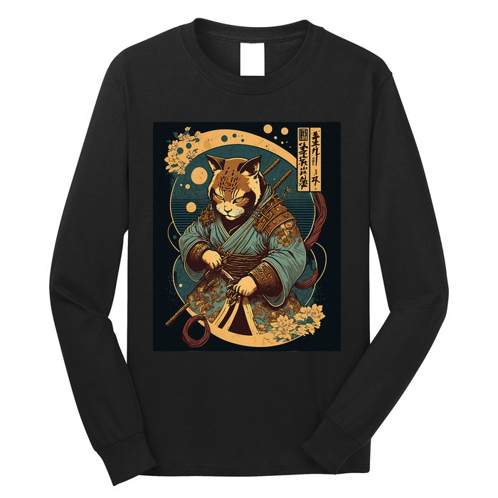 Japanese Art Cat Ninja Ukiyo-e Anime Style Samurai Cat Long Sleeve Shirt