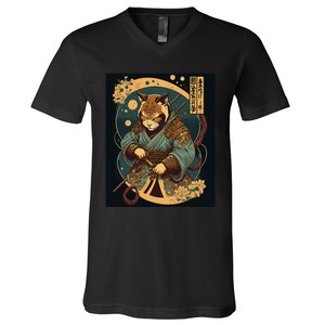 Japanese Art Cat Ninja Ukiyo-e Anime Style Samurai Cat V-Neck T-Shirt