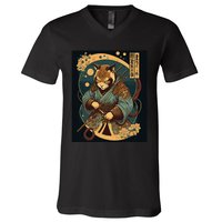 Japanese Art Cat Ninja Ukiyo-e Anime Style Samurai Cat V-Neck T-Shirt