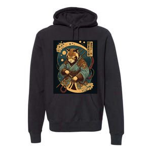 Japanese Art Cat Ninja Ukiyo-e Anime Style Samurai Cat Premium Hoodie