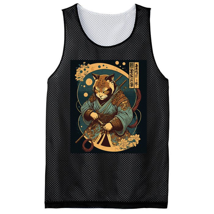 Japanese Art Cat Ninja Ukiyo-e Anime Style Samurai Cat Mesh Reversible Basketball Jersey Tank