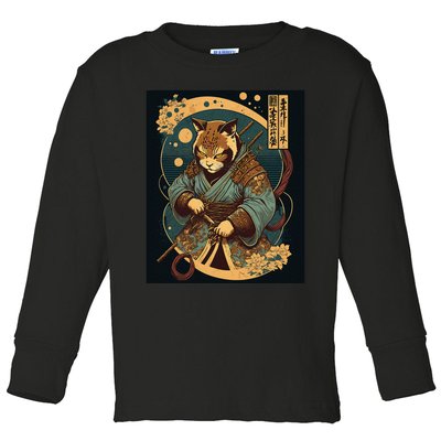 Japanese Art Cat Ninja Ukiyo-e Anime Style Samurai Cat Toddler Long Sleeve Shirt