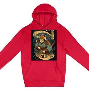 Japanese Art Cat Ninja Ukiyo-e Anime Style Samurai Cat Premium Pullover Hoodie