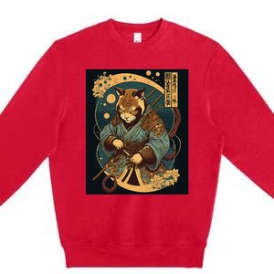 Japanese Art Cat Ninja Ukiyo-e Anime Style Samurai Cat Premium Crewneck Sweatshirt