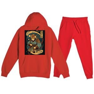 Japanese Art Cat Ninja Ukiyo-e Anime Style Samurai Cat Premium Hooded Sweatsuit Set