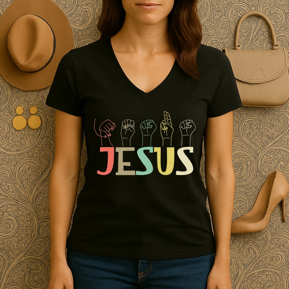 Jesus ASL Christian Deaf DHH ASL Teacher Sign Language Women's V-Neck T-Shirt