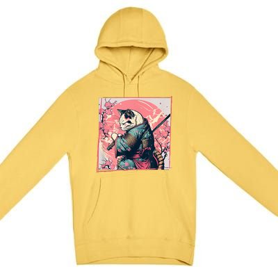 Japanese Art Cat Ninja Ukiyo E Anime Style Samurai Cat Premium Pullover Hoodie