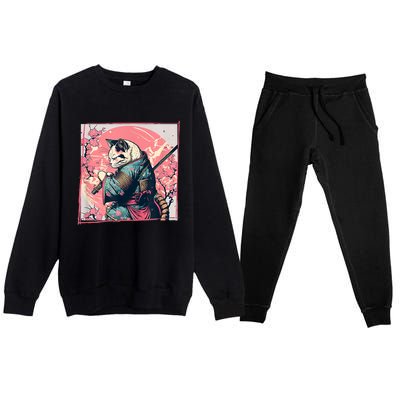 Japanese Art Cat Ninja Ukiyo E Anime Style Samurai Cat Premium Crewneck Sweatsuit Set