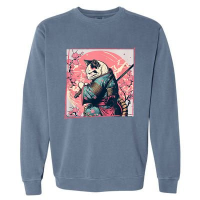 Japanese Art Cat Ninja Ukiyo E Anime Style Samurai Cat Garment-Dyed Sweatshirt