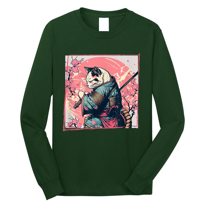 Japanese Art Cat Ninja Ukiyo E Anime Style Samurai Cat Long Sleeve Shirt