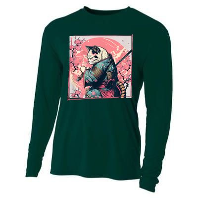 Japanese Art Cat Ninja Ukiyo E Anime Style Samurai Cat Cooling Performance Long Sleeve Crew