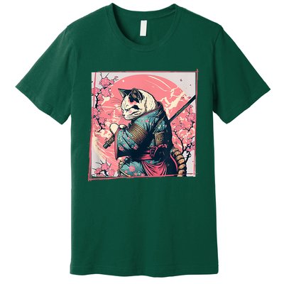 Japanese Art Cat Ninja Ukiyo E Anime Style Samurai Cat Premium T-Shirt