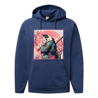 Japanese Art Cat Ninja Ukiyo E Anime Style Samurai Cat Performance Fleece Hoodie