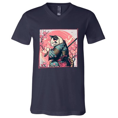 Japanese Art Cat Ninja Ukiyo E Anime Style Samurai Cat V-Neck T-Shirt