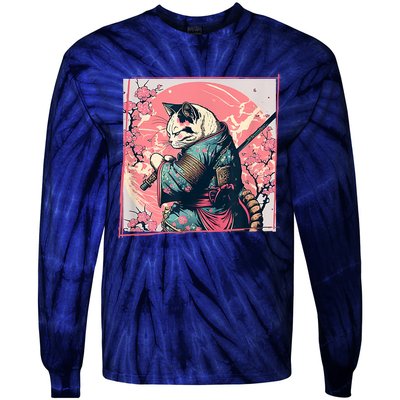 Japanese Art Cat Ninja Ukiyo E Anime Style Samurai Cat Tie-Dye Long Sleeve Shirt