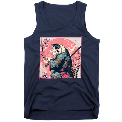 Japanese Art Cat Ninja Ukiyo E Anime Style Samurai Cat Tank Top